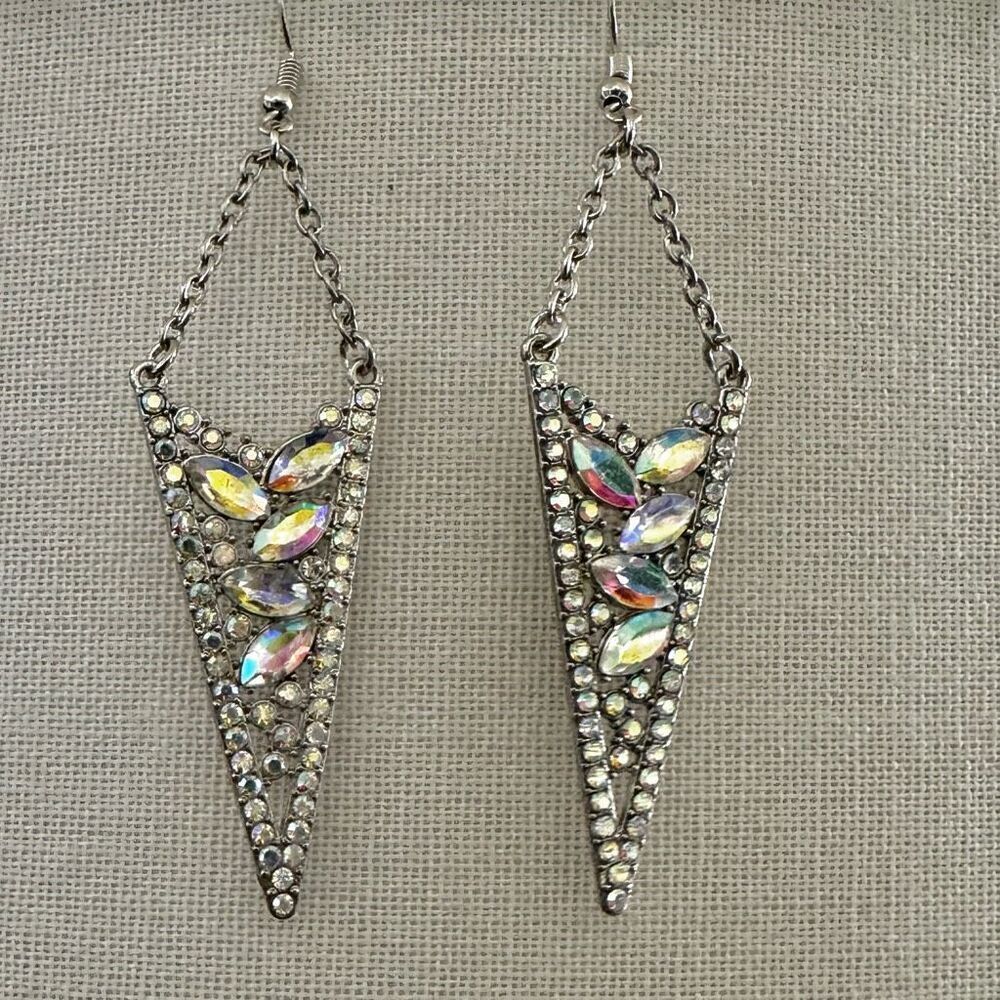 Rhinestone silver tone triangle earrings